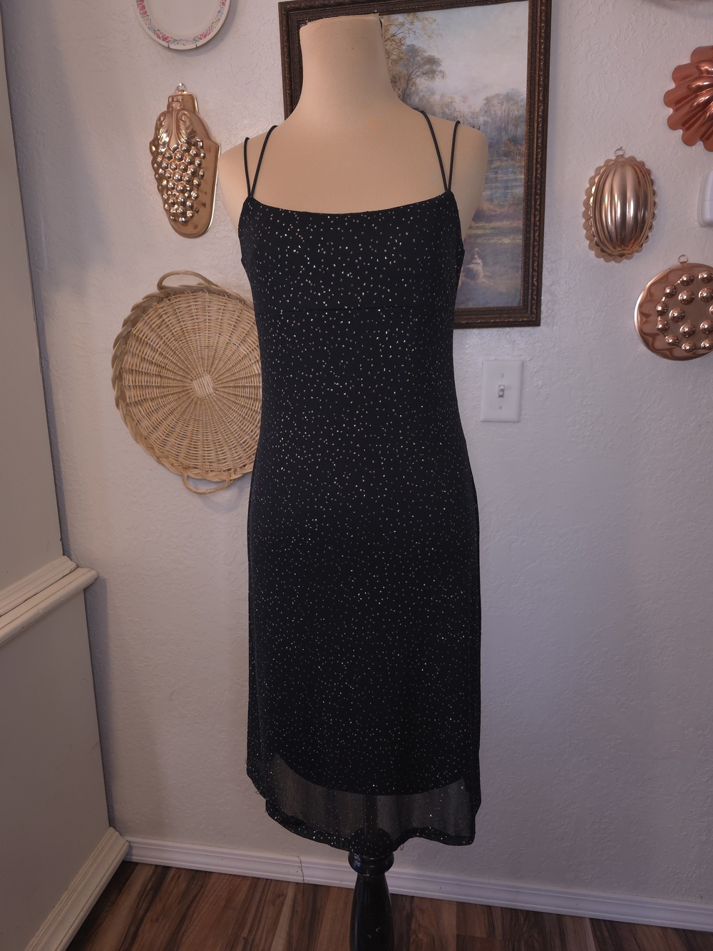Byer Too California Vintage Black Silver Glitter Midi Dress S 90s Y2K Preppy